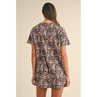 Brown Leopard Print Crew Neck Shift Short T Shirt Dress - L thumbnail