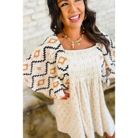 Beige Western Aztec Print Pleated Square Neck Loose Mini Dress - L thumbnail