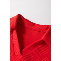 Fiery Red Textured Collared V Neck Puff Short Sleeve Shift Mini Dress - L thumbnail