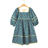 Skobeloff Floral Contrast Trim Square Neck Puff Sleeve Dress - L thumbnail