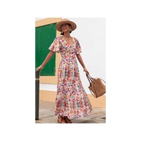 Red Floral Short Sleeve V Neck High Waist Maxi Dress - L thumbnail