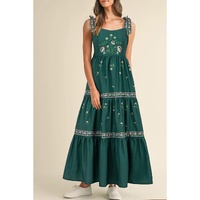 Blackish Green Floral Smocked Back Tied Straps Tiered Maxi Dress - L thumbnail