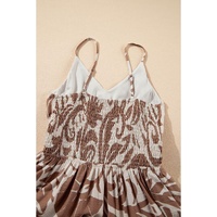 Khaki Floral Shirred High Waist Spaghetti Straps Maxi Dress - L thumbnail