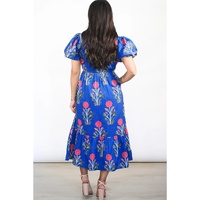 Sky Blue Floral Puff Short Sleeve V Neck High Waist Maxi Dress - L thumbnail