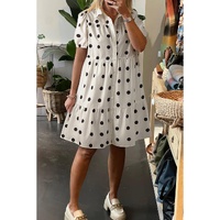 White Polka Dot Print Short Sleeve Collar Buttoned Tiered Babydoll Dress - L thumbnail