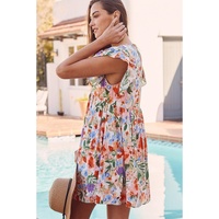 Pink Floral Double Ruffle Sleeve V Neck High Waist Mini Dress - L thumbnail