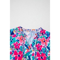 Sky Blue Mixed Floral Print Tie Split Neck Short Sleeve Dress - S thumbnail