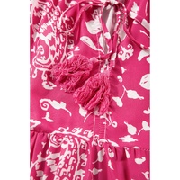 Rose Floral Sleeveless Tasseled Lace-up Neck Tiered Midi Dress - S thumbnail