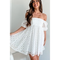 White Floral Lace Puff Sleeve Empire Waist Mini Dress - M thumbnail