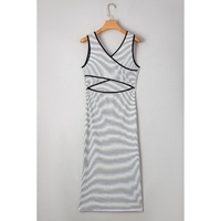 White Stripe Criss Cross Side Slits Slim Fit Sleeveless Midi Dress - L thumbnail