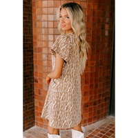 Khaki Abstract Print V Neck Short Sleeve Shift T Shirt Dress - L thumbnail