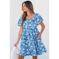Blue Floral Puff Sleeve Babydoll Mini Dress - M thumbnail