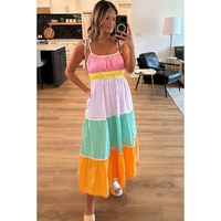 Multicolour Colorblock Self-tie Straps High Waist Flowy Maxi Dress with Pockets - L thumbnail