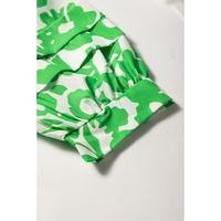 Green Floral Print Puff Half Sleeve V Neck Babydoll Dress - S thumbnail