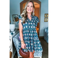 Blue Retro Floral Print Split Neck Ruffle Short Sleeve Dress - L thumbnail