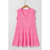 Bright Pink Waffle Textured Button Round Neck A-line Tiered Sleeveless Dress - L thumbnail