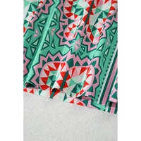 Mint Green Geometric Butterfly Print Split Neck Short Sleeve Dress - L thumbnail