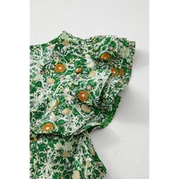 Green Flower Print Flutter Sleeve V Neck Sashed Ruffled Mini Dress - M thumbnail
