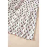 Pink Floral Print Bubble Sleeve Neck Tie Ruffled Dress - L thumbnail