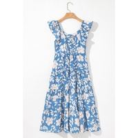 Sky Blue Floral U Neck Flutter Shoulder Tiered Flowy Midi Dress - S thumbnail