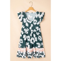 Floral Print Ruffle Sleeve Empire Waist Mini Dress - M thumbnail