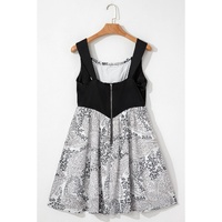 Black Sleeveless Leather Bustier Patchwork Paisley Floral Chiffon Dress - S thumbnail