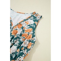 Green Floral Print Trimmed V Neck Tie Waist Sleeveless Holiday Long Dress - M thumbnail