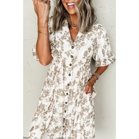 Khaki Floral Puff Sleeve V Neck Buttoned Front Maxi Dress - L thumbnail