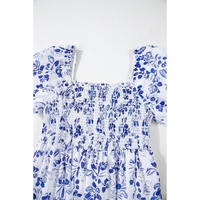 Sky Blue Floral Print Square Neck Bubble Sleeve High Waist Maxi Dress - XL thumbnail