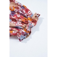 Red Floral Puff Sleeve Square Neck Knot Open Back Mini Dress - L thumbnail