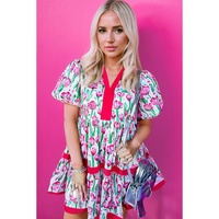 Pink Floral Print Contrast Trim V Neck Bubble Short Sleeve Babydoll Dress - L thumbnail