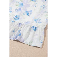 Sky Blue Floral Smocked High Waist Double Ruffle Sleeveless Long Dress - L thumbnail