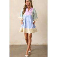 Multicolour Striped Patchwork Ric Rac Puff Sleeve Collared Mini Dress - M thumbnail