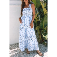 Sky Blue Floral Smocked Tied Straps A-Lined Tiered Maxi Dress - L thumbnail