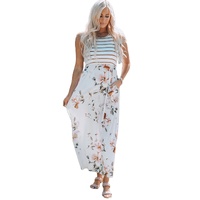 Azura Exchange White Striped Floral Print Sleeveless Maxi Dress with Pocket - M thumbnail