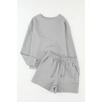 Gray Textured Long Sleeve Top and Drawstring Shorts Set - M thumbnail
