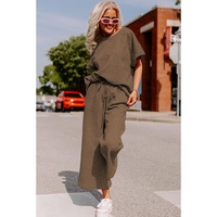 Brown Textured Loose Fit T Shirt and Drawstring Pants Set - XL thumbnail