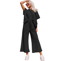 Black Textured Loose Fit T Shirt and Drawstring Pants Set - L thumbnail