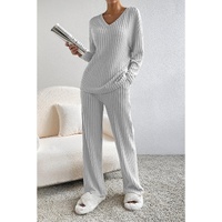 Light Grey Ribbed Knit V Neck Slouchy Two-piece Outfit - S thumbnail