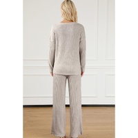 Khaki Ribbed Knit V Neck Slouchy Two-piece Outfit - S thumbnail