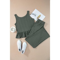 Duffel Green Solid Color Ribbed Ruffle Tank Top and Pants Set - M thumbnail