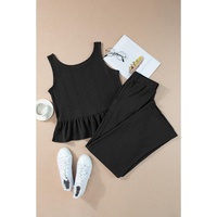 Black Solid Color Ribbed Ruffle Tank Top and Pants Set - S thumbnail