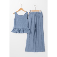 Beau Blue Solid Color Ribbed Ruffle Tank Top and Pants Set - M thumbnail