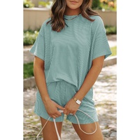 Iceland Blue Ribbed Textured Knit Loose Fit Tee and Shorts Set - L thumbnail