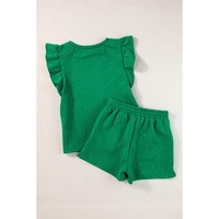 Bright Green Textured Ruffled Sleeve Tee and Drawstring Shorts Set - XL thumbnail