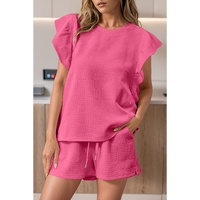 Bonbon Textured Ruffled Sleeve Tee and Drawstring Shorts Set - S thumbnail