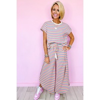 Pink Stripe Rainbow Tee Tasseled String Wide Leg Pants Set - M thumbnail