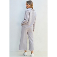 Light Grey Solid Textured Collared V Neck Top and Wide Leg Pants Set - M thumbnail