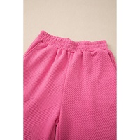 Bonbon Solid Textured Collared V Neck Top and Wide Leg Pants Set - L thumbnail