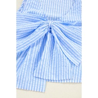 Sky Blue Stripe V Neck Bowknot Crop Tank and Shorts Set - XL thumbnail